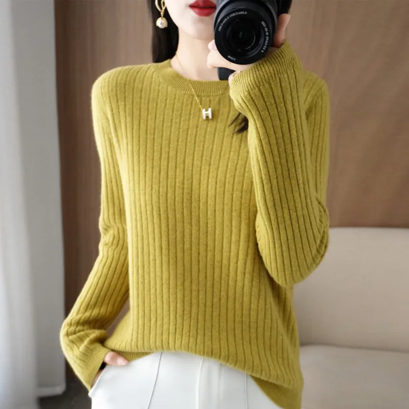 Autumn women's knitwear round neck sweater in beige, low collar long sleeve pullover on model
