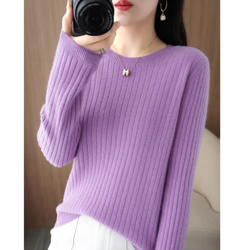 Autumn women's knitwear round neck sweater in beige, low collar long sleeve pullover on model