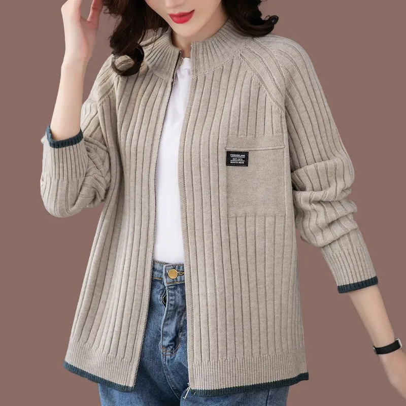 Women's loose knitted cardigan coat wool blend long sleeves beige colour open front