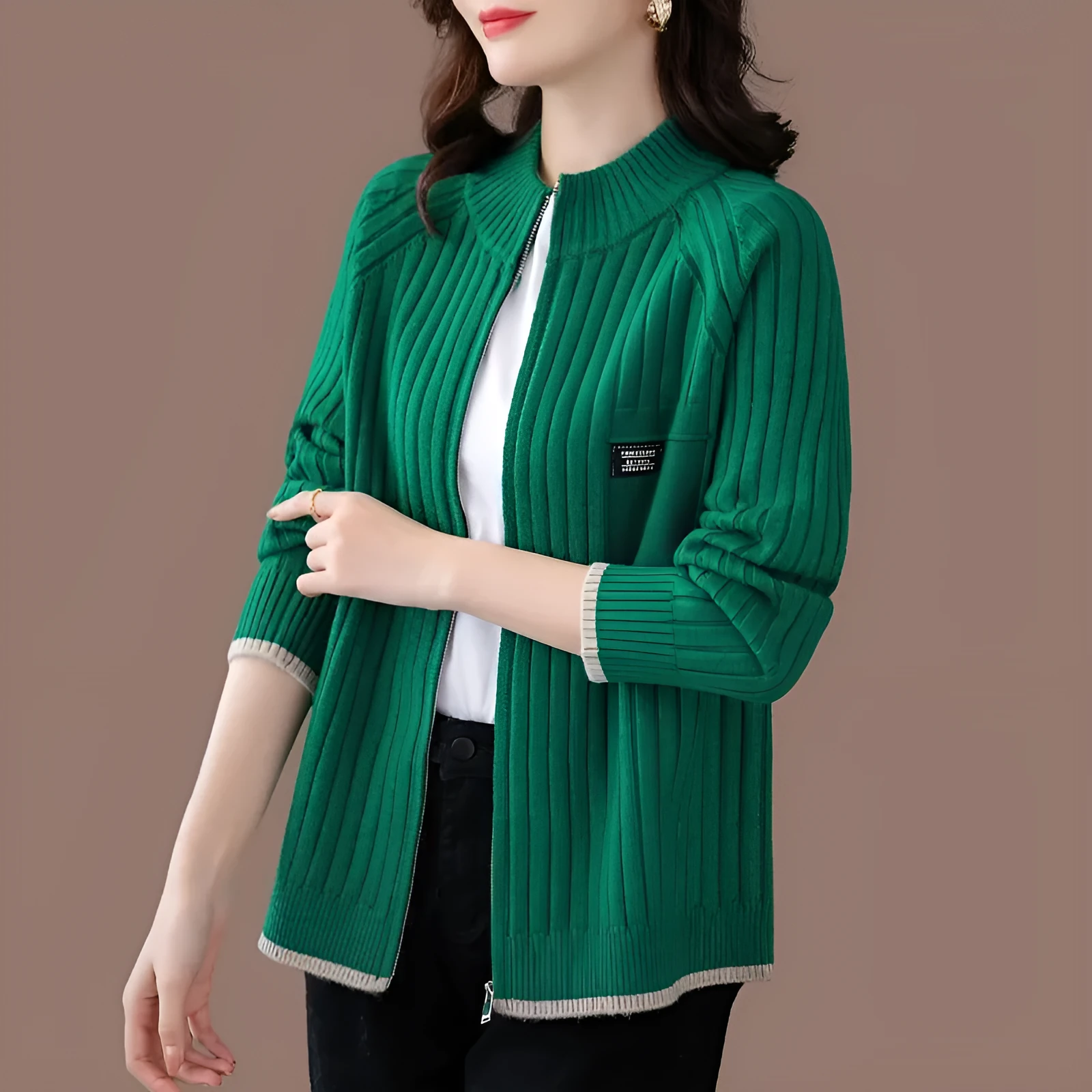 Women's loose knitted cardigan coat wool blend long sleeves beige colour open front
