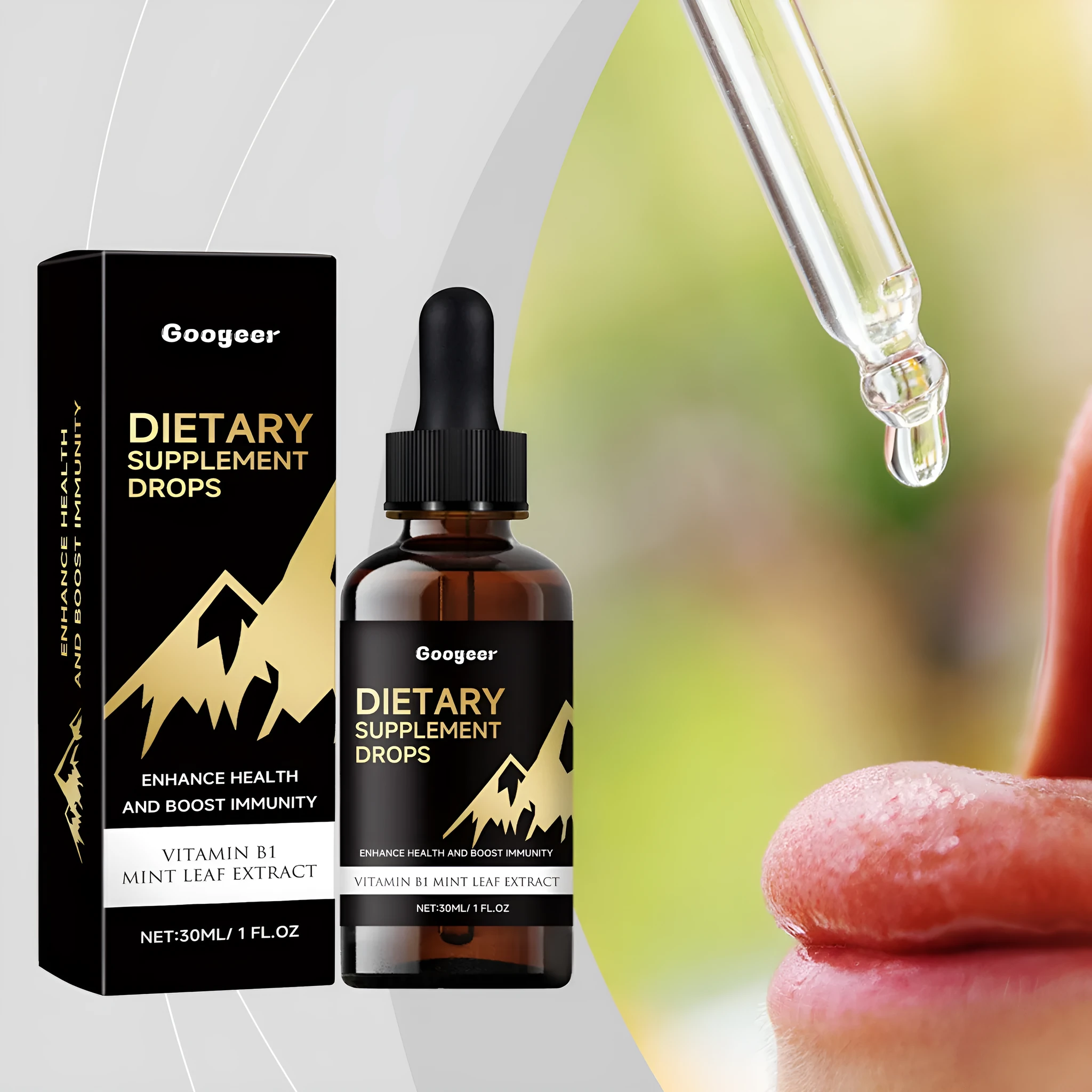 30 ml bottle of clear liquid multivitamin drops with a plastic dropper on a white background.
