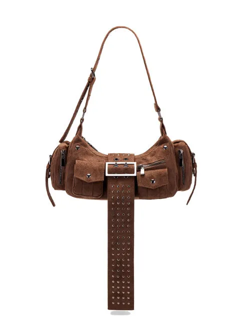 Simple Retro suede women's handbag in dark brown, square shape, zip closure, shoulder strap