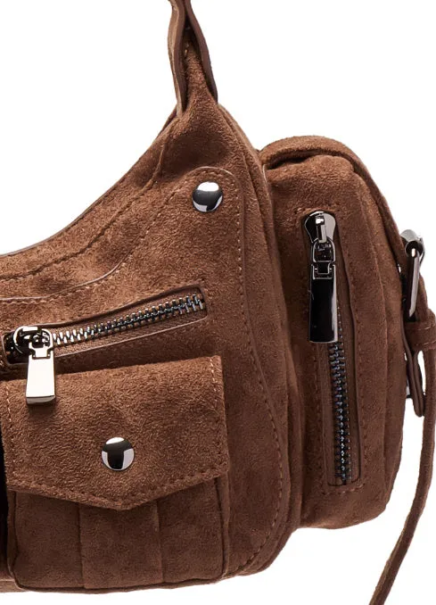 Simple Retro suede women's handbag in dark brown, square shape, zip closure, shoulder strap