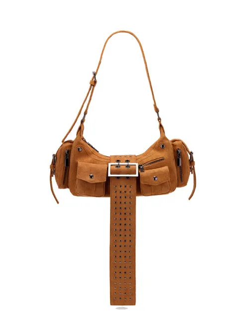 Simple Retro suede women's handbag in dark brown, square shape, zip closure, shoulder strap