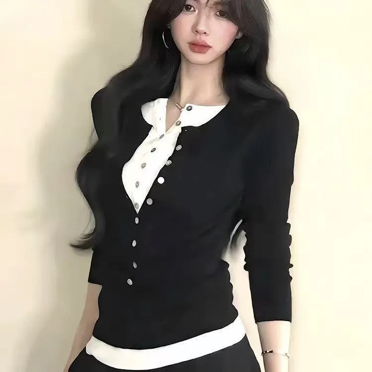 Women's black fake two pieces knitted bottoming shirt slim fit long sleeves