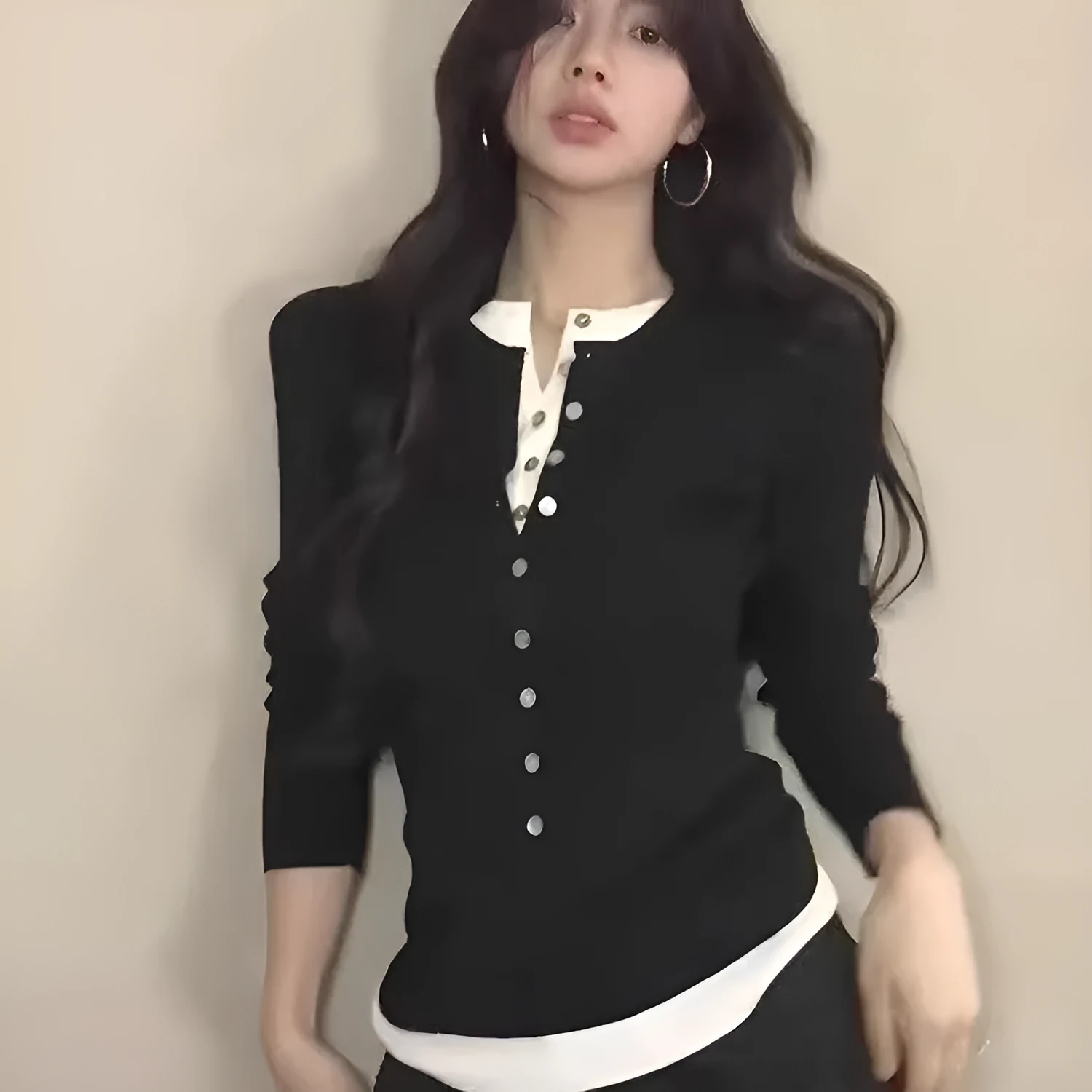 Women's black fake two pieces knitted bottoming shirt slim fit long sleeves