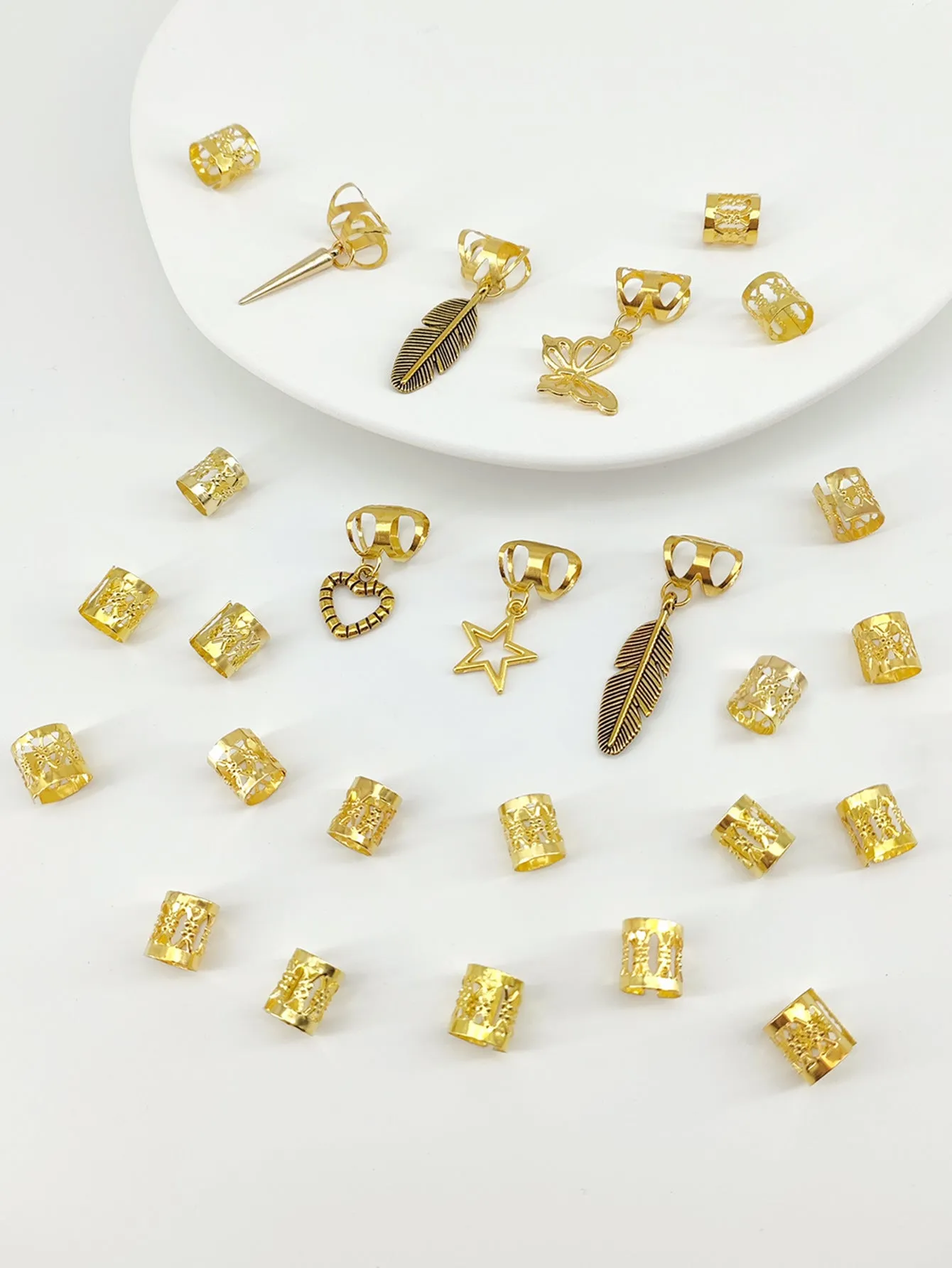 Pack of gold antique-style alloy hair rings with leaves design for braids.
