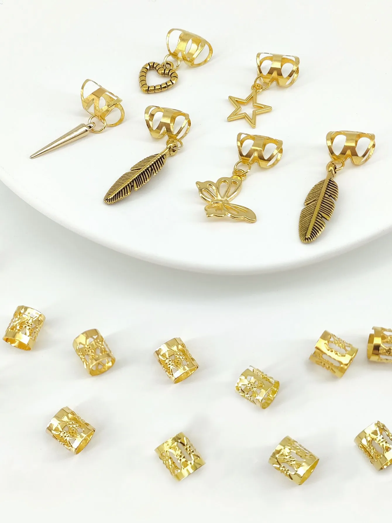 Pack of gold antique-style alloy hair rings with leaves design for braids.