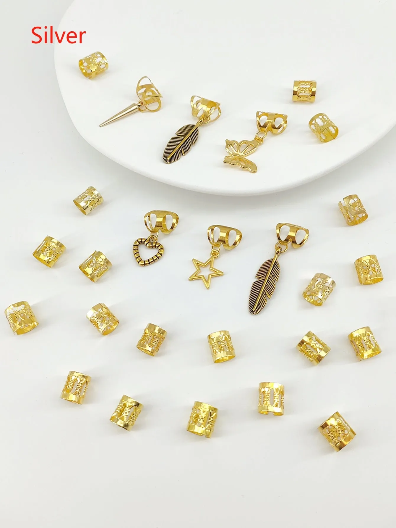 Pack of gold antique-style alloy hair rings with leaves design for braids.