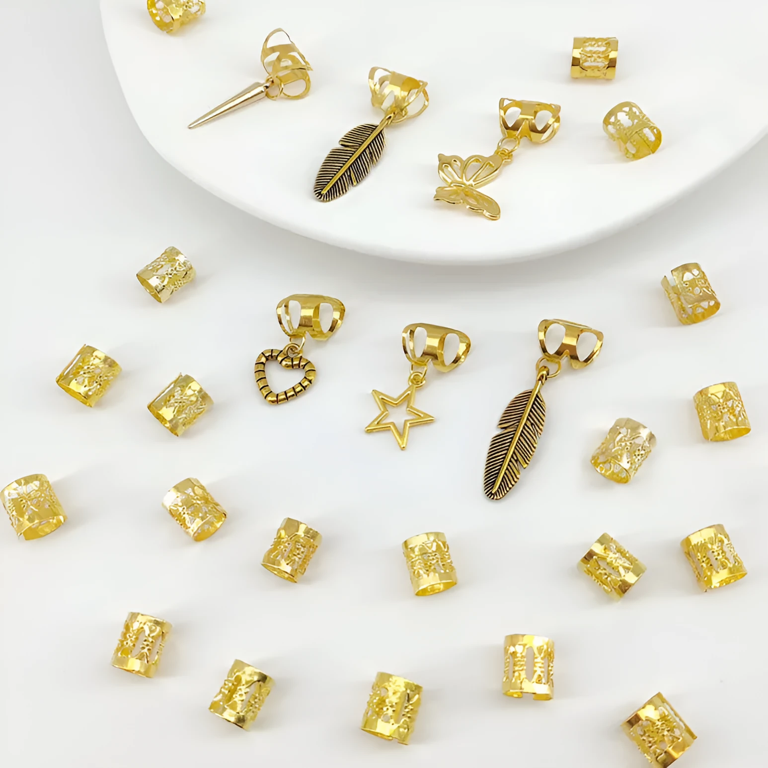 Pack of gold antique-style alloy hair rings with leaves design for braids.