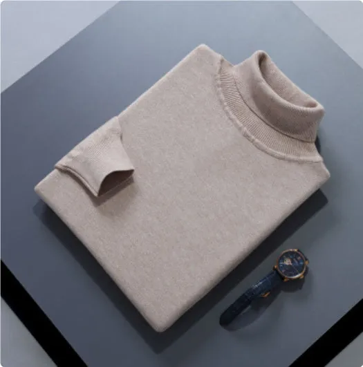 High lapel solid colour casual pullover sweater in beige with long sleeves and loose fit.