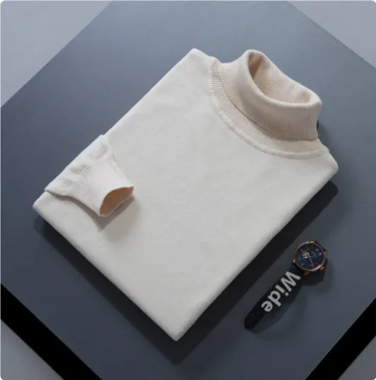 High lapel solid colour casual pullover sweater in beige with long sleeves and loose fit.