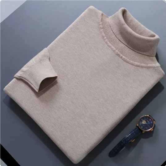High lapel solid colour casual pullover sweater in beige with long sleeves and loose fit.