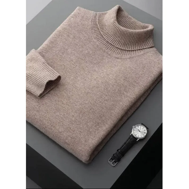 High lapel solid colour casual pullover sweater in beige with long sleeves and loose fit.