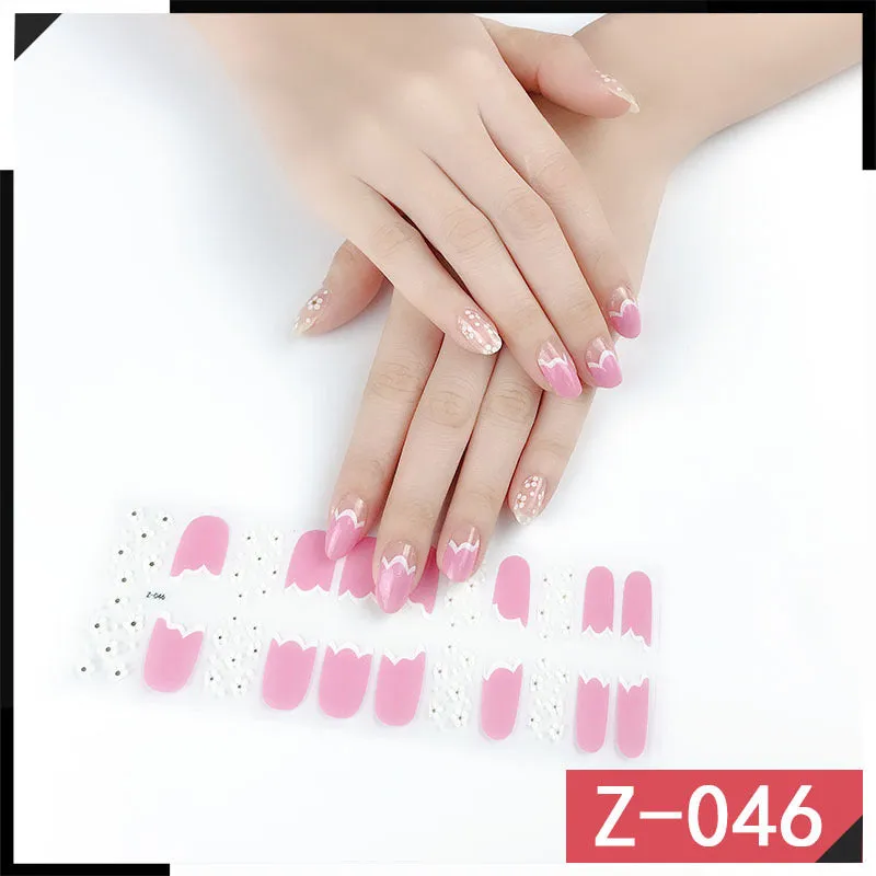 Korean nail sticker sheets showing strawberry, flower, bow, and embossed patterns with included nail file