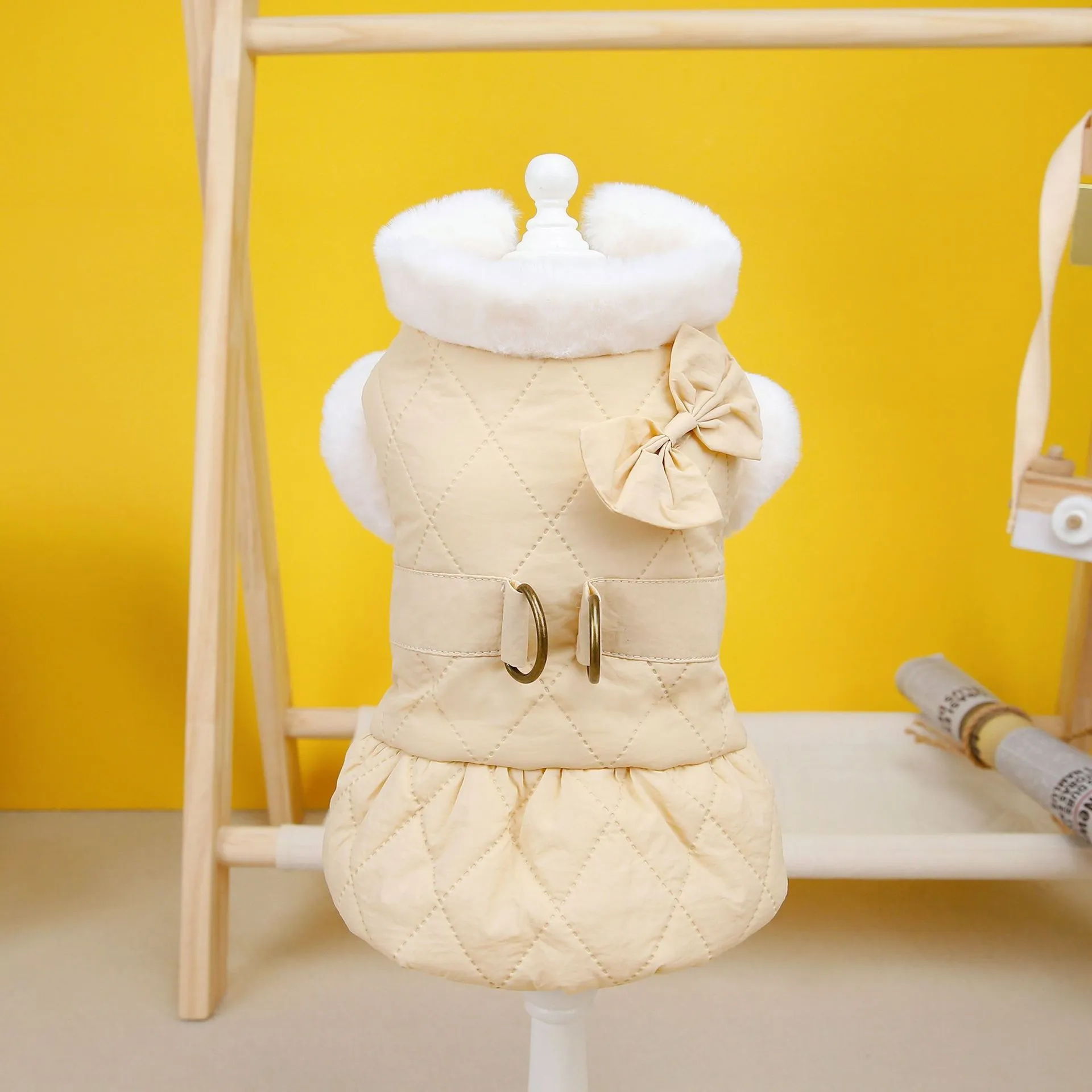 Pet dog clothes small dog butterfly cotton-padded dress in apricot colour