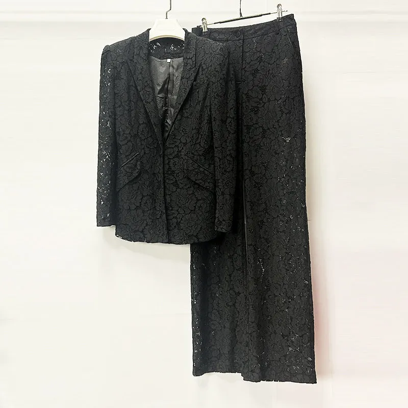 Women's solid colour polyester two-piece suit with long-sleeve button top and slim-fit straight-leg trousers in black and white