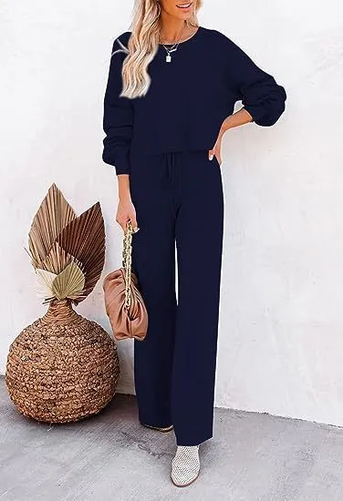 Women's casual solid colour two-piece set, long-sleeved top and trousers, polyester, beaded detail, in apricot colour