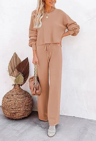 Women's casual solid colour two-piece set, long-sleeved top and trousers, polyester, beaded detail, in apricot colour