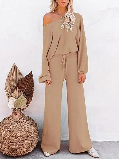 Women's casual solid colour two-piece set, long-sleeved top and trousers, polyester, beaded detail, in apricot colour