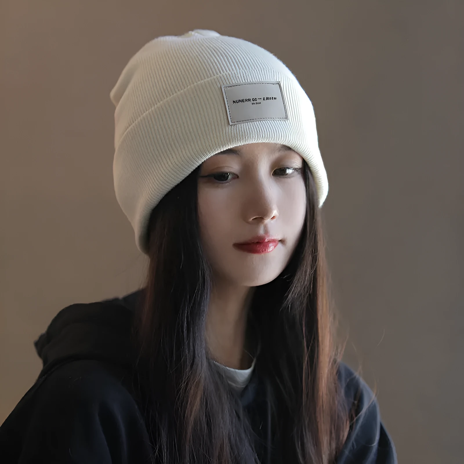 Women's knitted hat in beige, dome crown style, polyester fabric, free size, winter autumn accessory