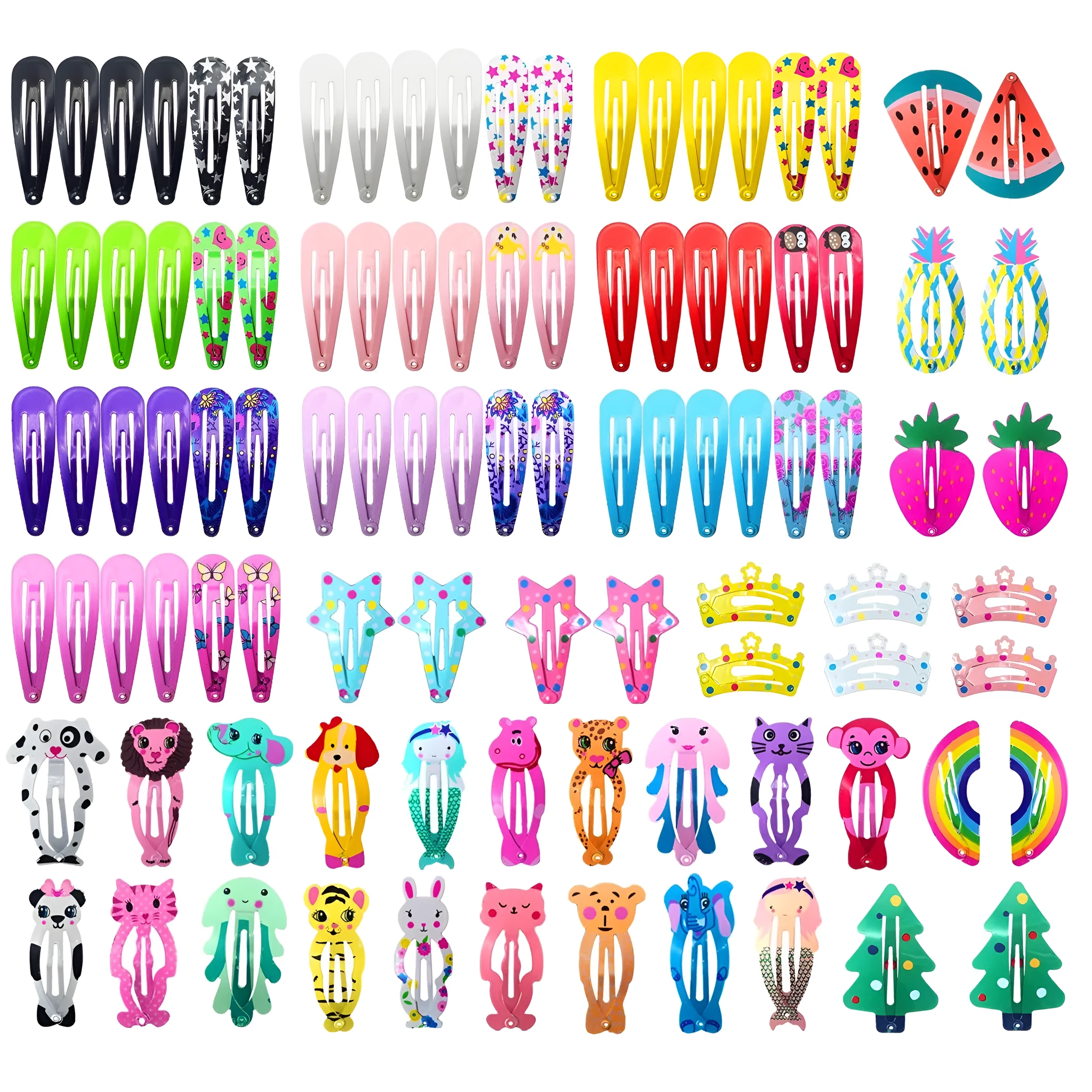 100 piece metal hair clip set with candy colour cartoon designs including animals, fruits, crowns and stars