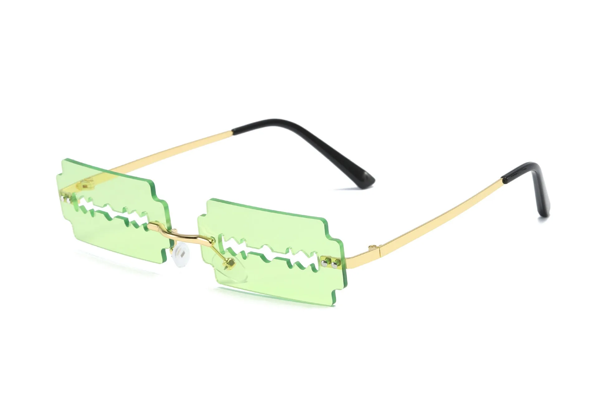Women's gold metal rimless sunglasses with UV400 PC lenses on a light background