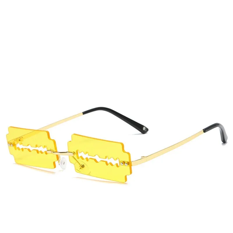 Women's gold metal rimless sunglasses with UV400 PC lenses on a light background