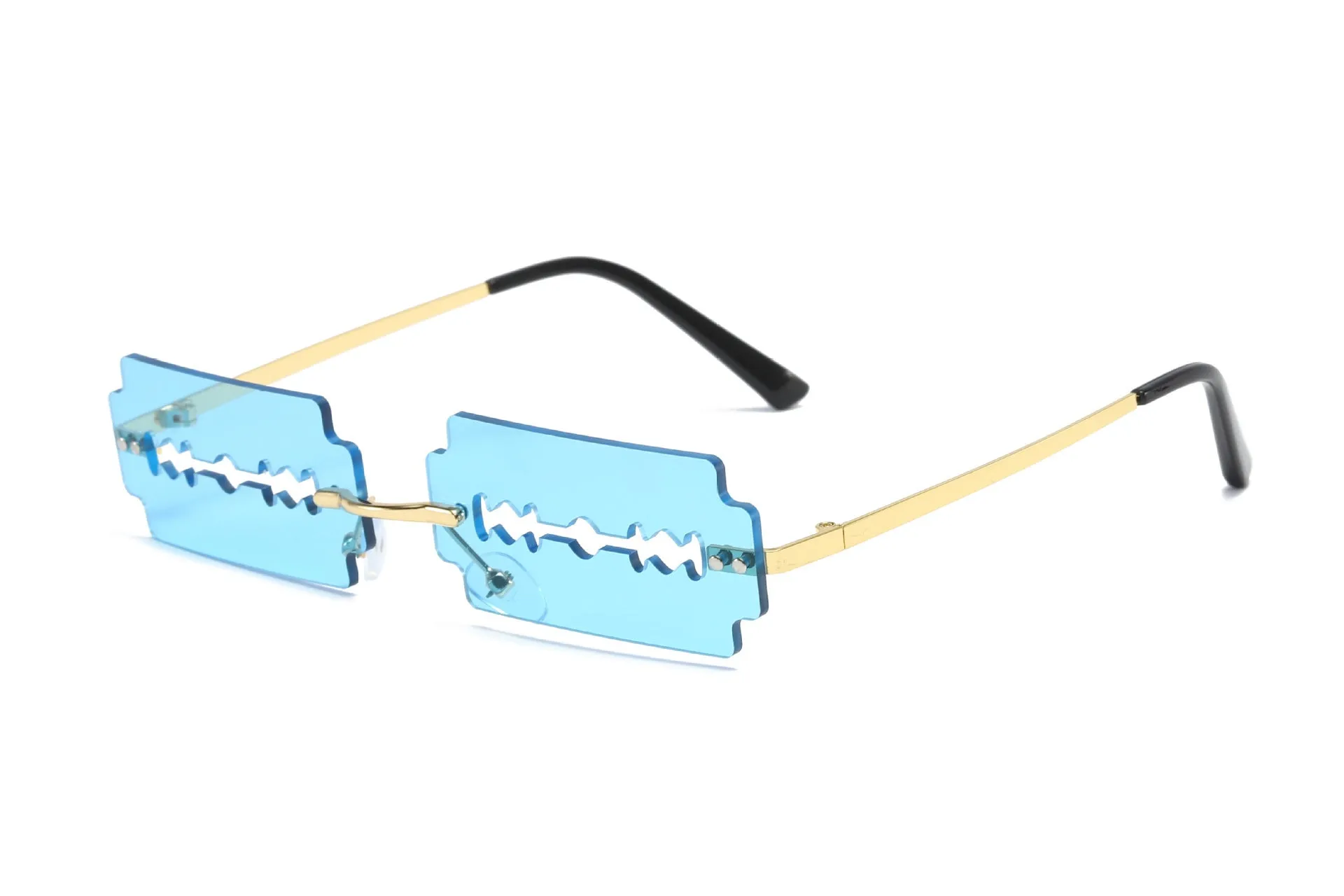 Women's gold metal rimless sunglasses with UV400 PC lenses on a light background