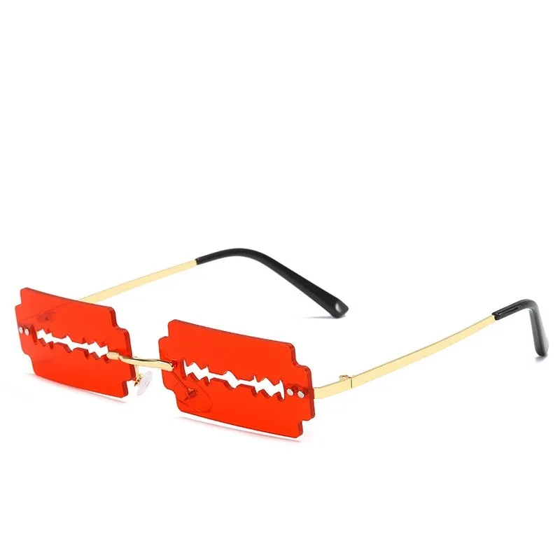 Women's gold metal rimless sunglasses with UV400 PC lenses on a light background
