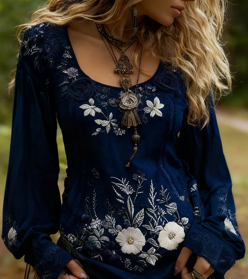 Grass and flower embroidered linen shirt in one of ten style options with floral detailing on breathable linen fabric
