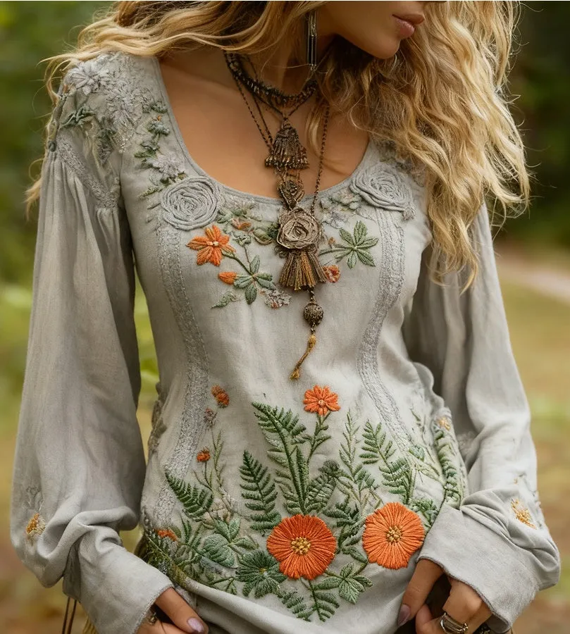 Grass and flower embroidered linen shirt in one of ten style options with floral detailing on breathable linen fabric