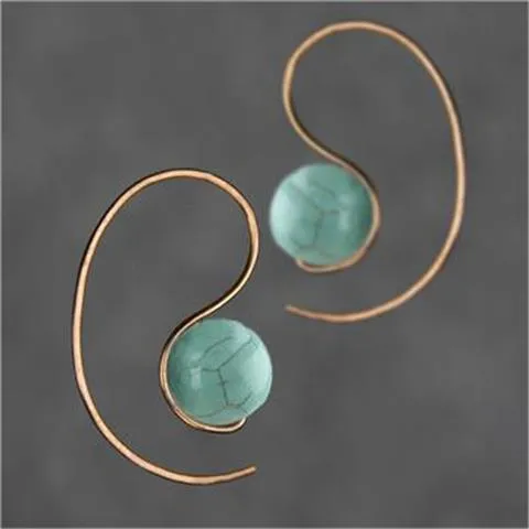 Green turquoise retro style dangle earrings with blue turquoise centrepiece on a white background