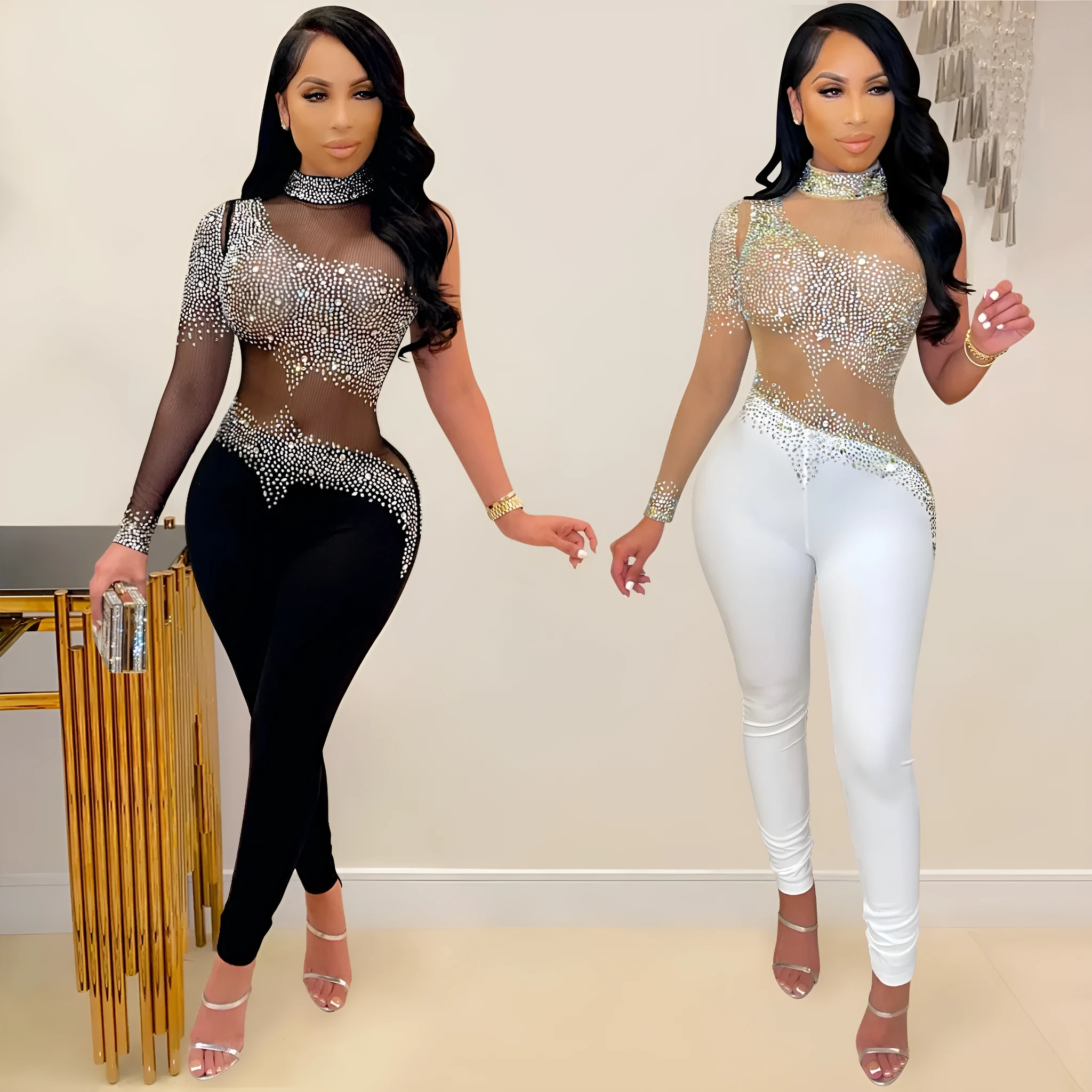 Women's one-shoulder transparent mesh rhinestone jumpsuit in tight-fit trouser style, black colour