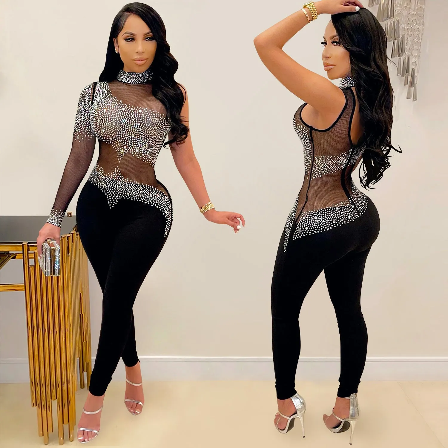 Women's one-shoulder transparent mesh rhinestone jumpsuit in tight-fit trouser style, black colour