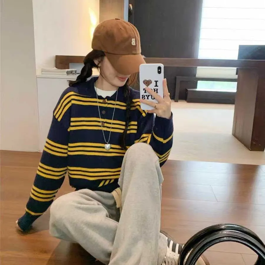 Loose-fit yellow striped polyester pullover sweater for women, average size 40-70kg