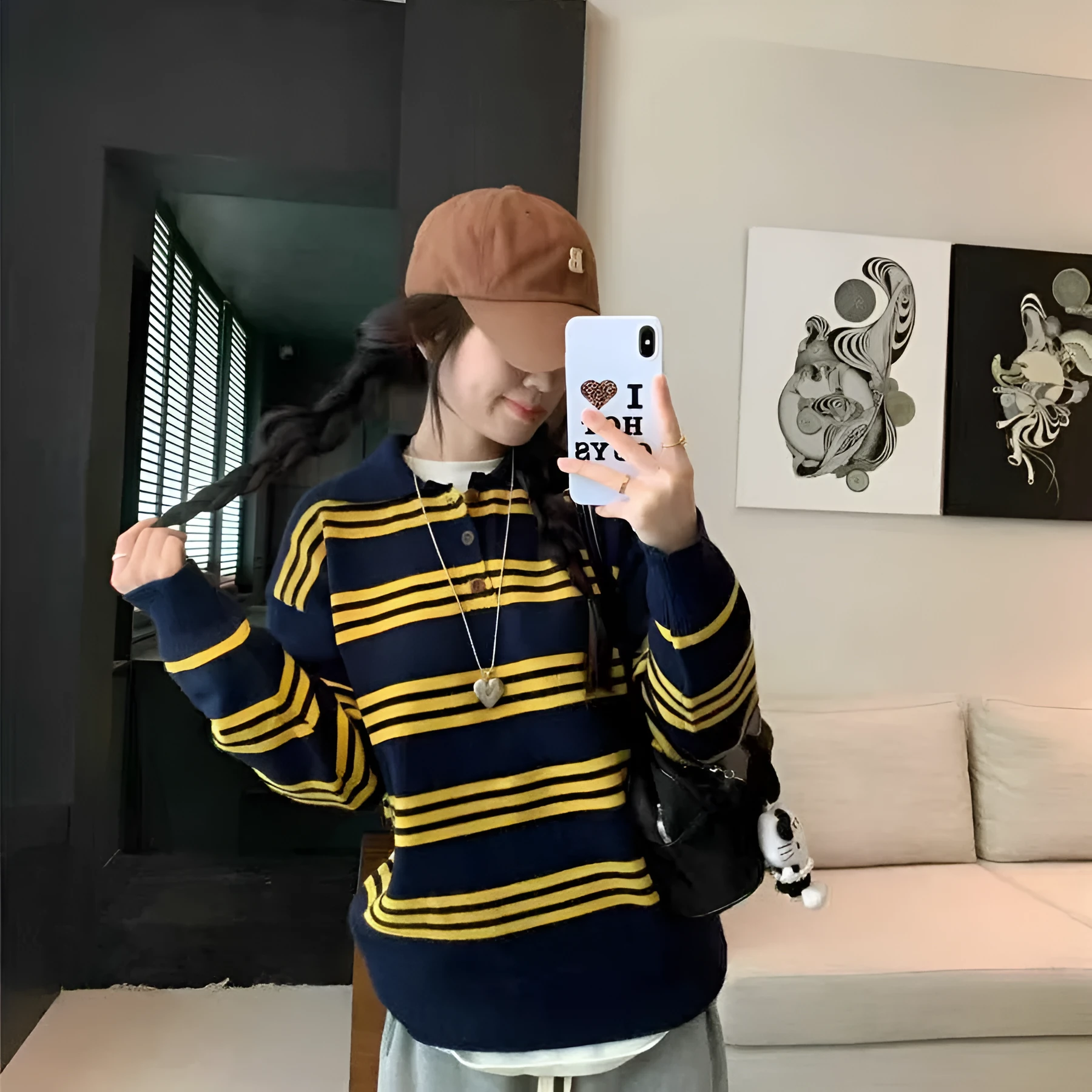 Loose-fit yellow striped polyester pullover sweater for women, average size 40-70kg