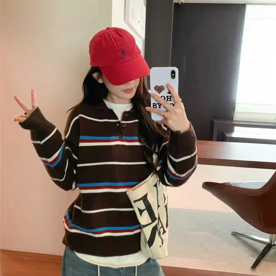 Loose-fit yellow striped polyester pullover sweater for women, average size 40-70kg