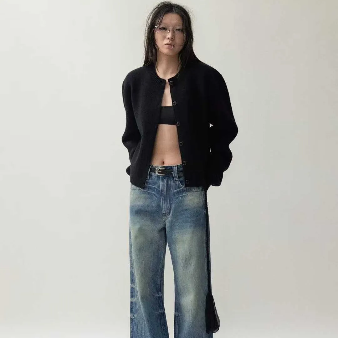 Waist-tight round neck polyester cardigan in solid gray with slim fit for autumn winter