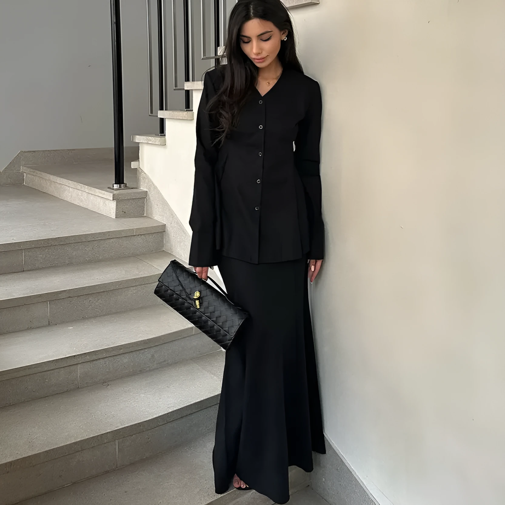 Women's V-neck slim fit polyester suit set with long sleeves and long skirt in black