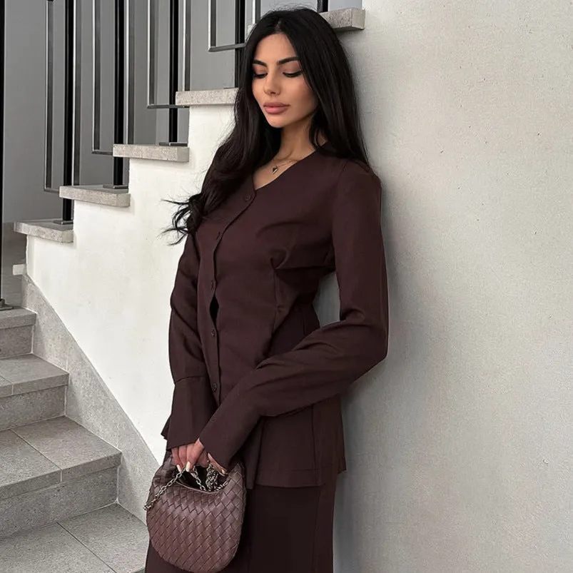 Women's V-neck slim fit polyester suit set with long sleeves and long skirt in black