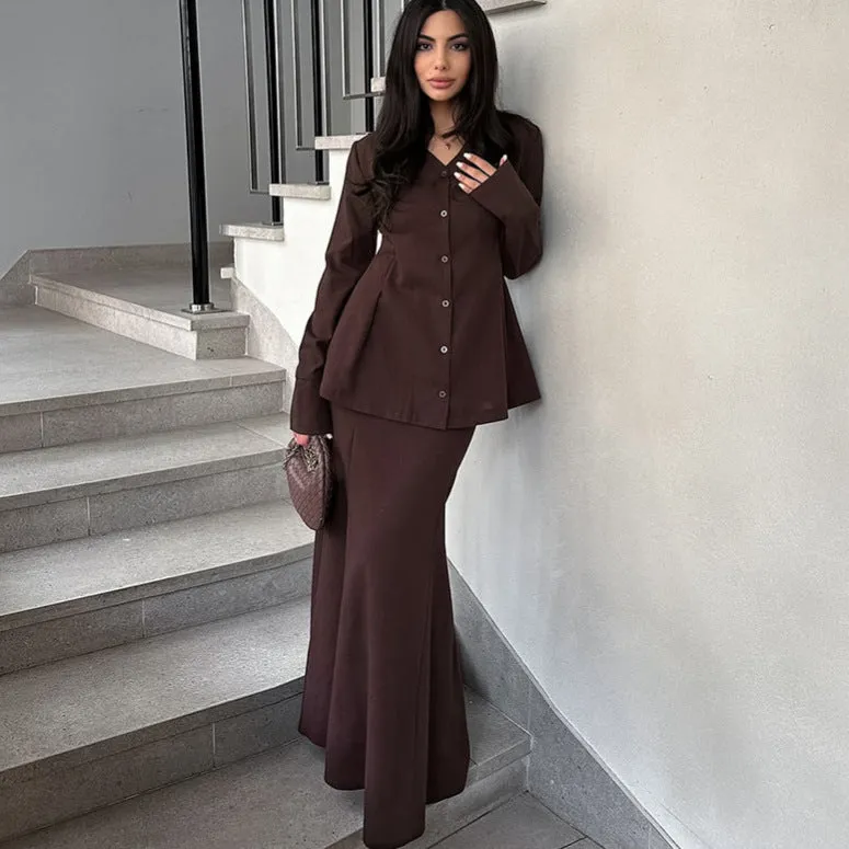 Women's V-neck slim fit polyester suit set with long sleeves and long skirt in black