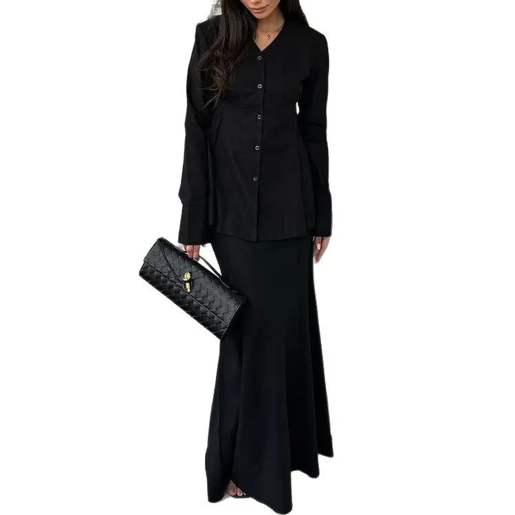Women's V-neck slim fit polyester suit set with long sleeves and long skirt in black