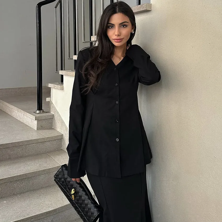 Women's V-neck slim fit polyester suit set with long sleeves and long skirt in black