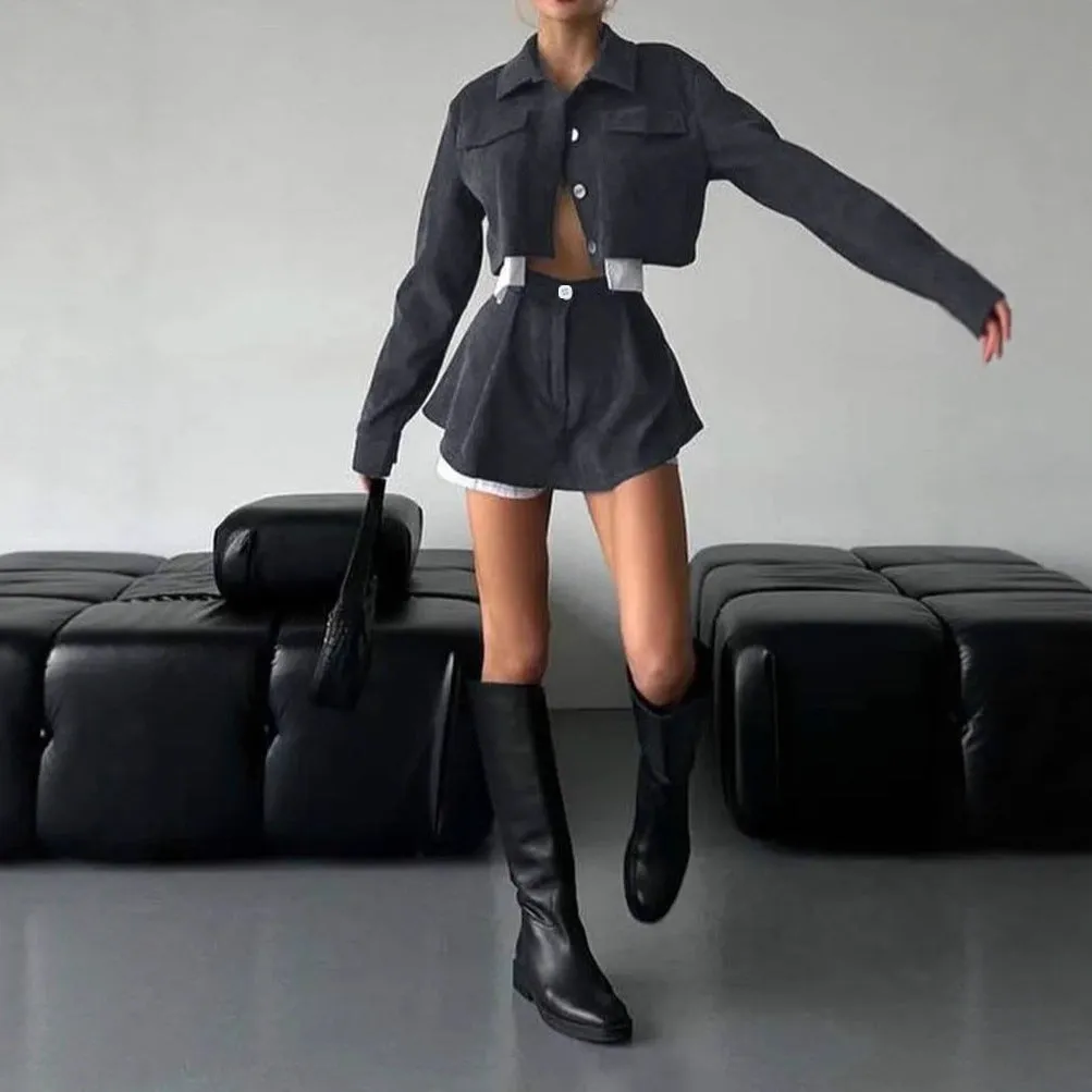 Women's two-piece set with long sleeve cardigan and cake short skirt in black, with blended fabric.