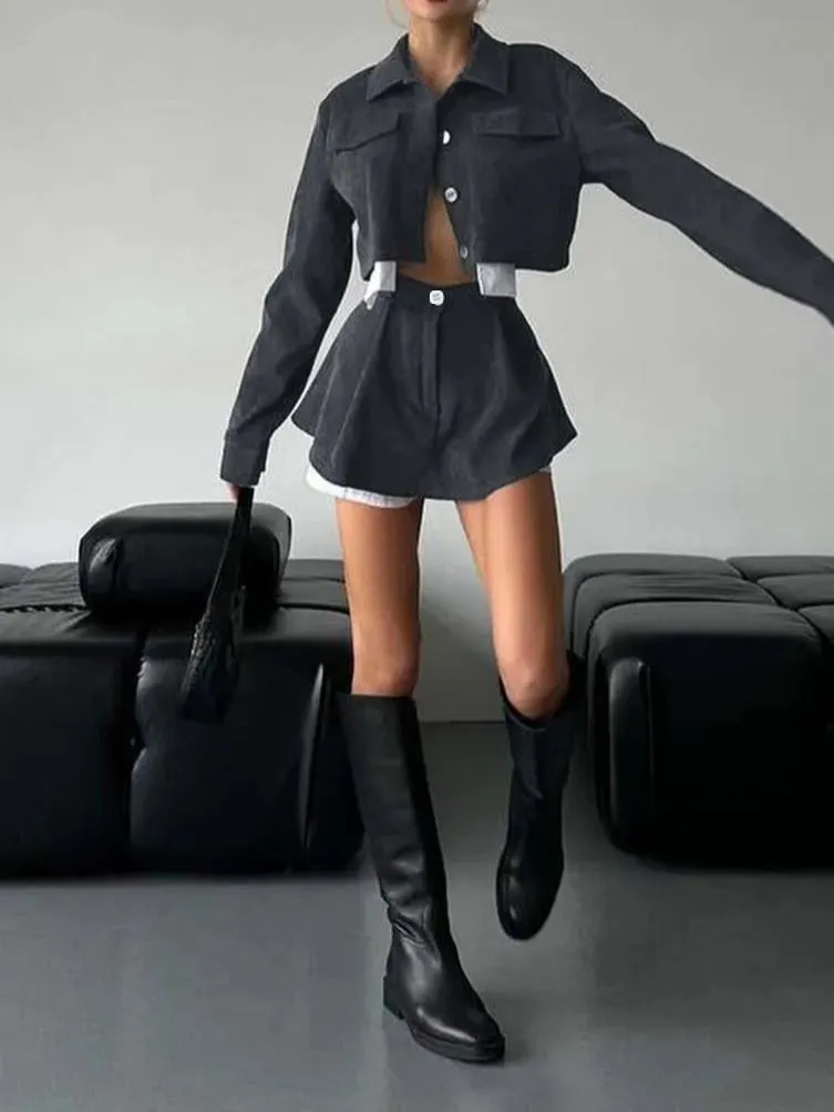 Women's two-piece set with long sleeve cardigan and cake short skirt in black, with blended fabric.