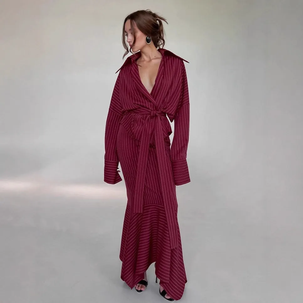 Women's simple casual hip skirt set in red plaid polyester with shirt-sleeve top and matching dress, autumn retro style