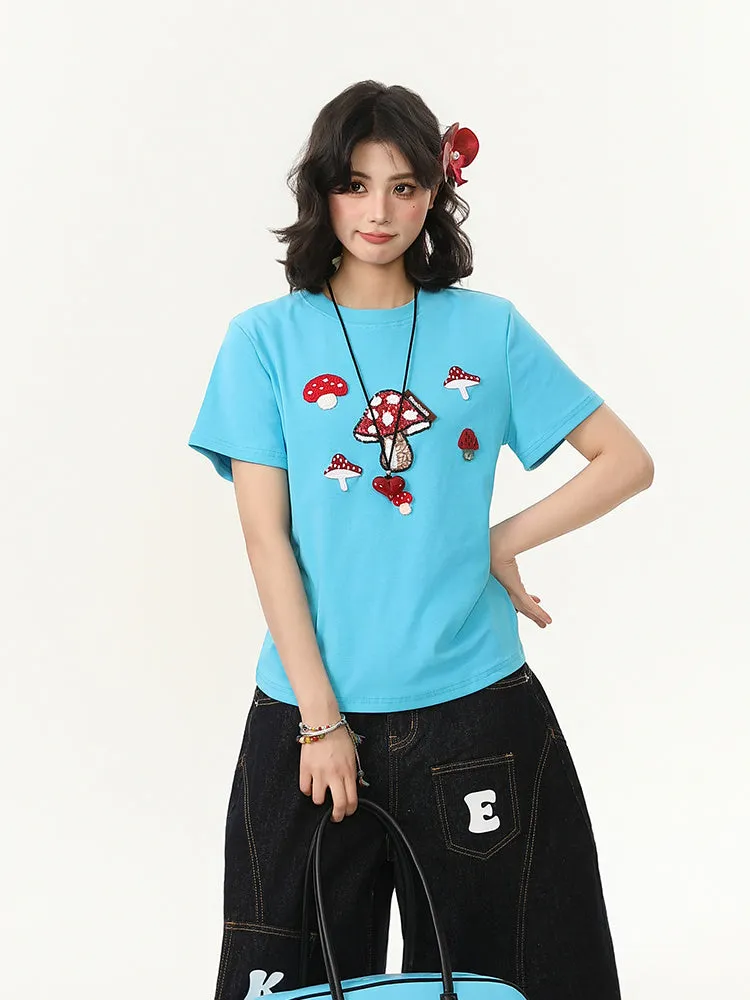 Women's blue mushroom embroidered crew neck short-sleeved slim fit T-shirt