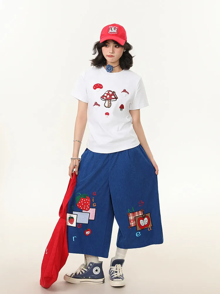 Women's blue mushroom embroidered crew neck short-sleeved slim fit T-shirt