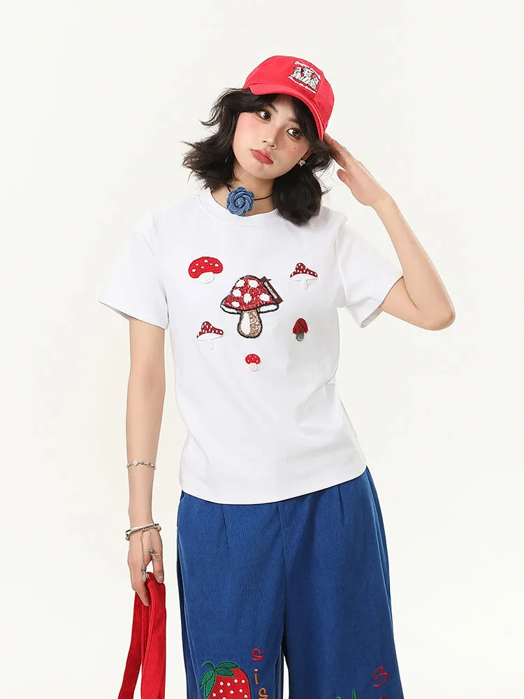 Women's blue mushroom embroidered crew neck short-sleeved slim fit T-shirt